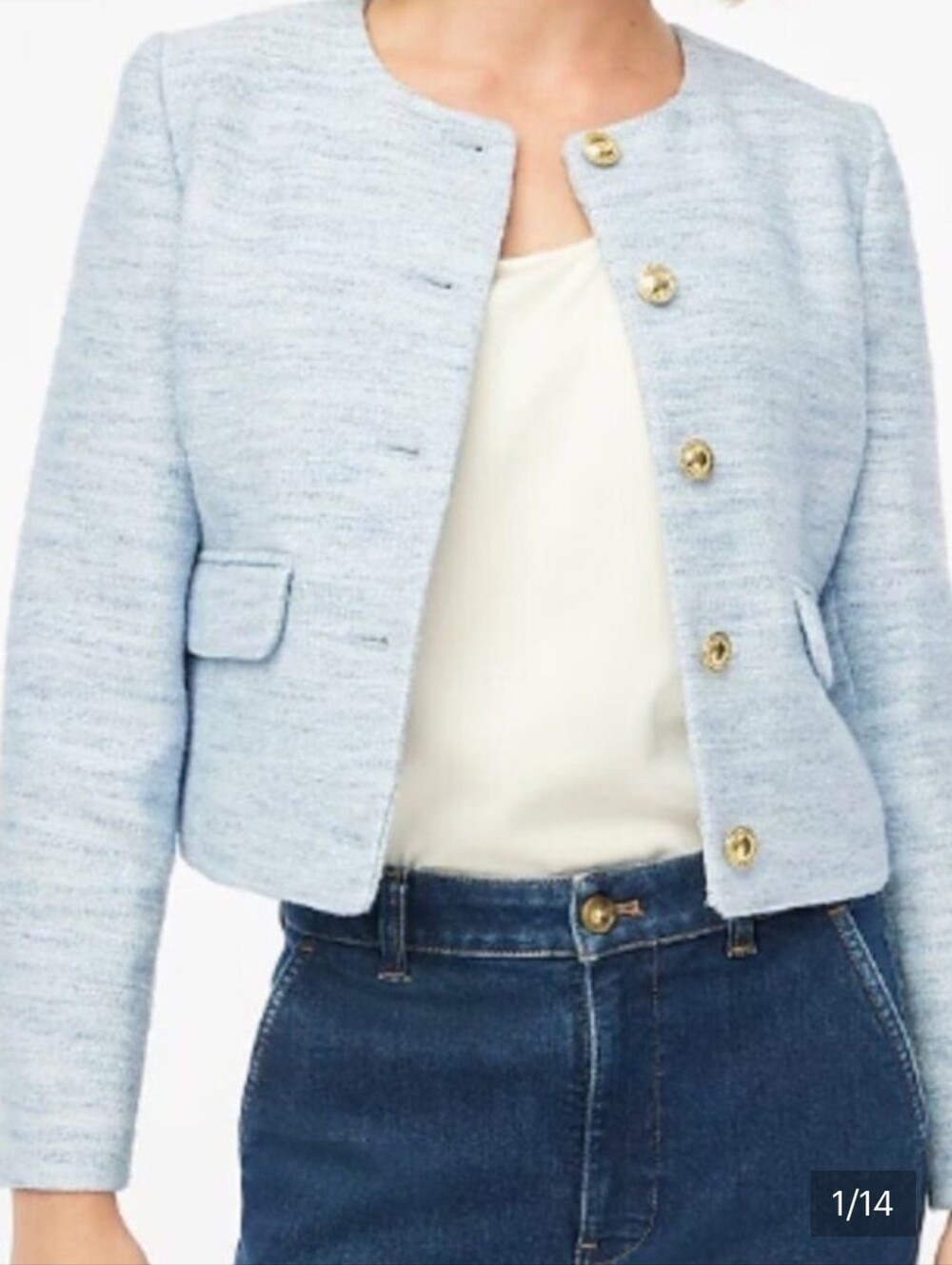 Light Blue Tweed Collarless Button Jacket